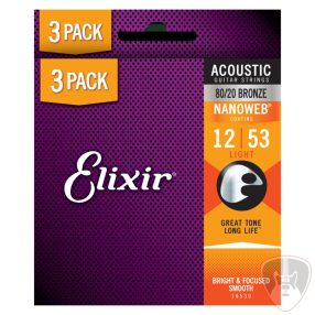   Elixir 80/20 Bronze NanoWeb 12-53 (16539) Light akusztikus húrkészlet 3 db