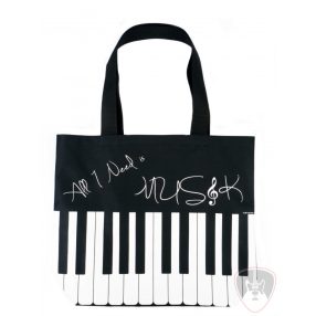   Fekete, zongorabillentyű mintás városi táska "All I need is music" feliratta