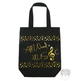   Fekete városi táska "All I need is music" arany színű felirattal