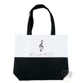   Fekete-fehér, violinkulcs mintás városi táska "All I need is music" felirattal