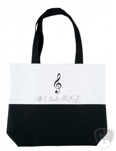 Fekete-fehér, violinkulcs mintás városi táska "All I need is music" felirattal