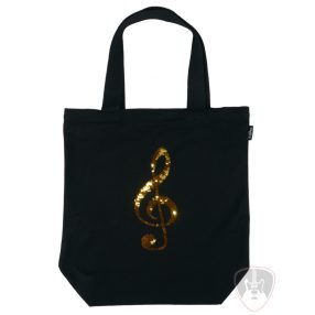 Fekete, arany-ezüst flitteres violinkulcs mintás város